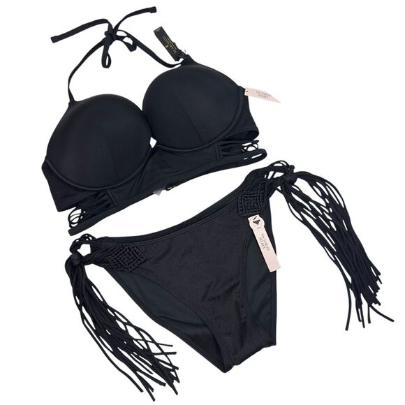NWT‎ VS BOMBSHELL PUSH UP TOP 36B FRINGE CHEEKY BIKINI BOTTOM SMALL SWIMSUIT SET - Picture 1 of 9